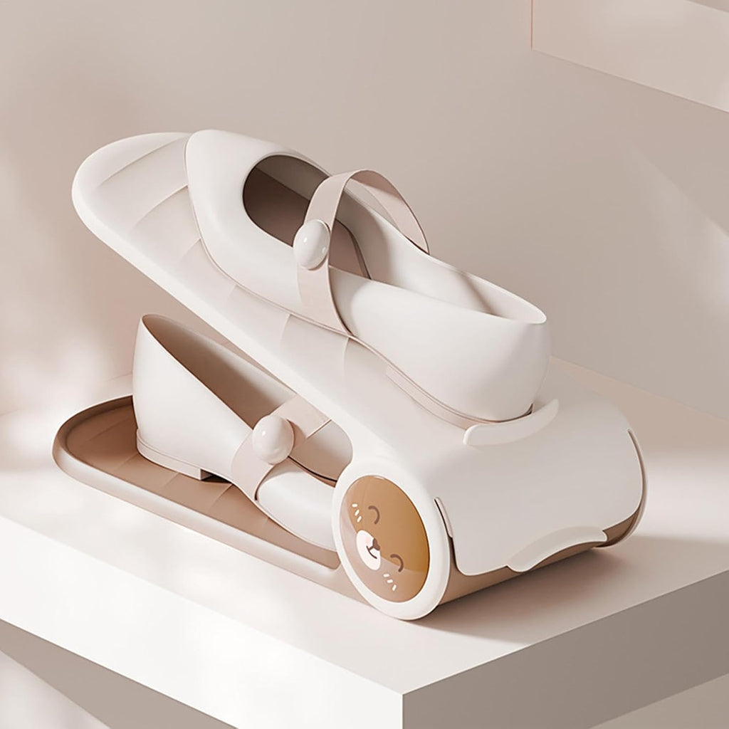 Cute Bear Design Double-Layer Shoe Slot Organizer – Space-Saving Adjustable Shoe Rack with Non-Slip Surface for Sneakers, Flats, Sandals, and Heels